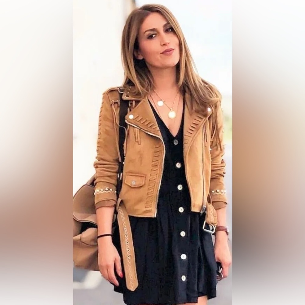Zara Faux Suede Fringe Biker Jacket Stud Detail small EUC